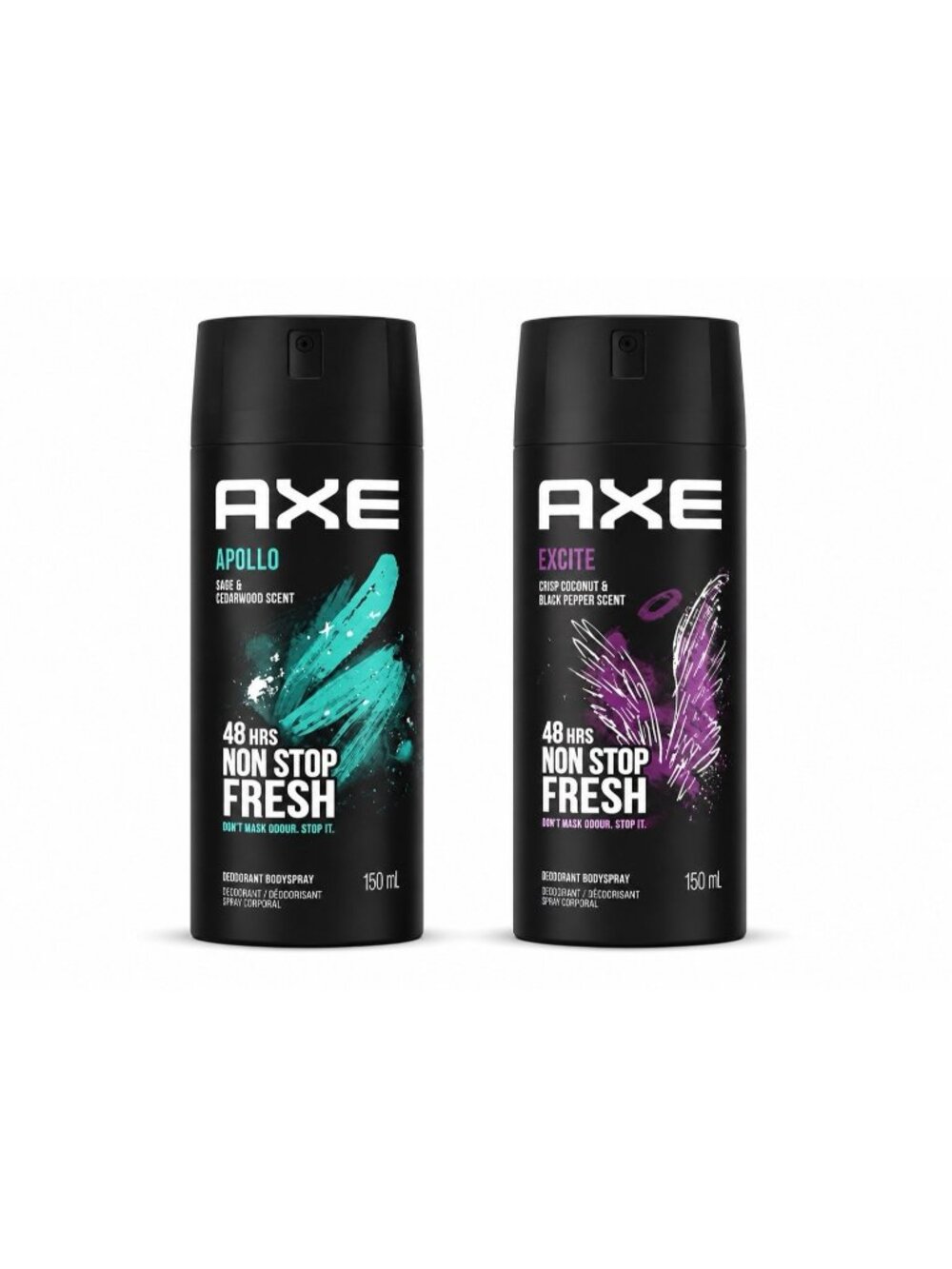 Axe Deodorant & Body Spray 48hr Apollo Excite 150ml Set of 2
